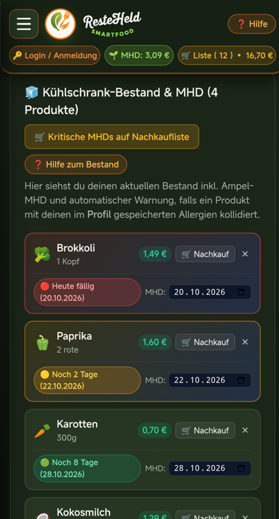 ResteHeld K&uuml;hlschrank-Bestand & MHD Ampel Screenshot